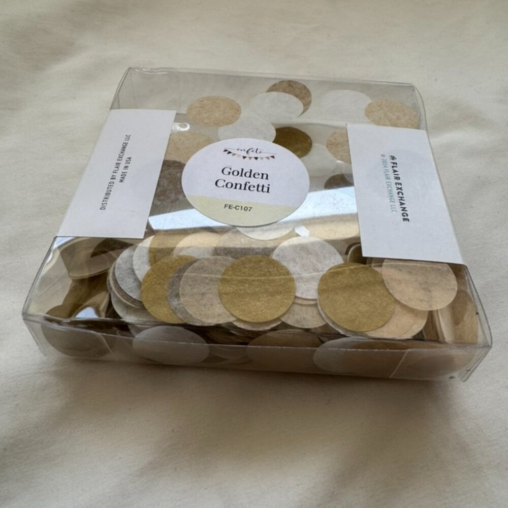 NWT The Flair Exchange Round Gold Confetti 3/4 in. 400 Pieces Gold + Tan + White - Picture 7 of 12